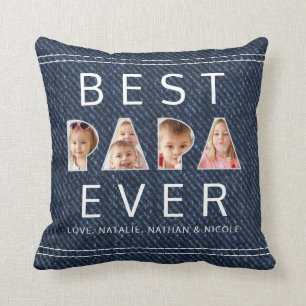 BEST PAPA EVER 3 Photo Collage Faux Denim Cushion