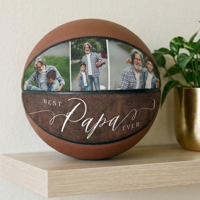 Best Papa Ever Leather Fathers Day Photo Collage Basketball (Best Papa Ever Leather Fathers Day Photo Collage Basketball)