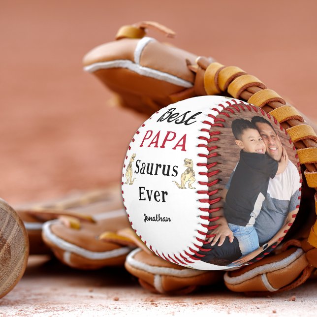 Best Papa Saurus Ever Personalised Photos Baseball (Best papa saurus ever 3 photo collage kids names funny dino personalized baseball keepsake for dad)