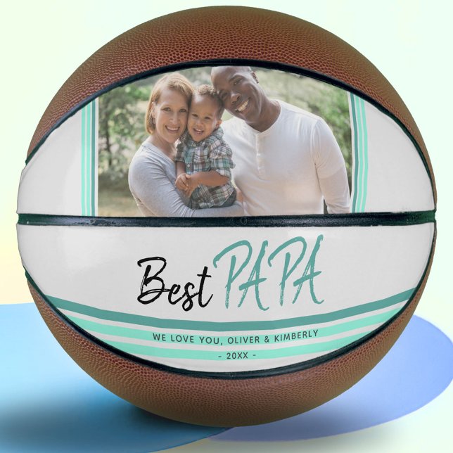 Best Papa Turquoise Modern Typography Family Photo Basketball (Creator Uploaded)