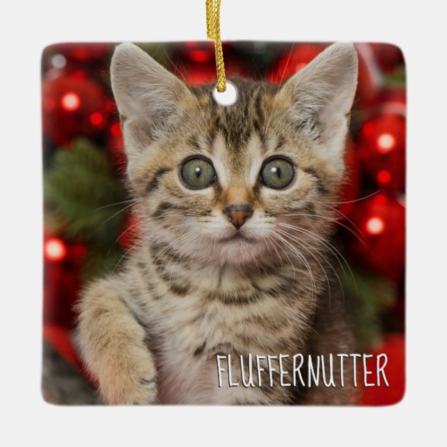 Best Personalised Picture Cat Kitten + Name Photo Ceramic Ornament (Front)