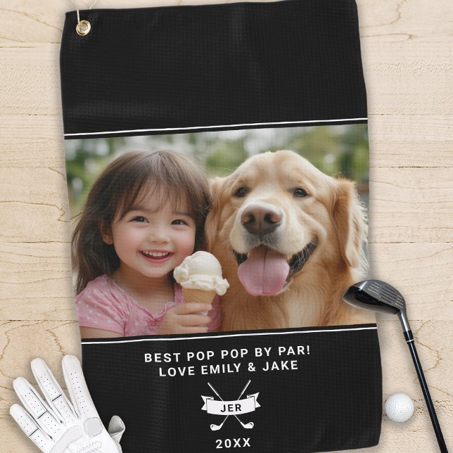 Best Pop Pop By Par Photo Golfer Fun Modern Black  Golf Towel (Best Pop Pop By Par Photo Golfer Fun Modern Black Golf Towel)