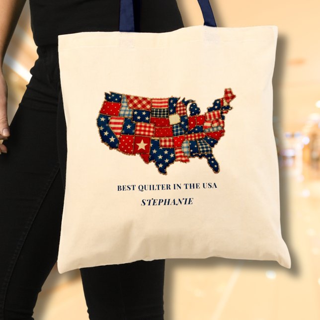 Best Quilter in the USA Personalised Patchwork Tote Bag (Add name to personalize, edit other text, if you wish.)