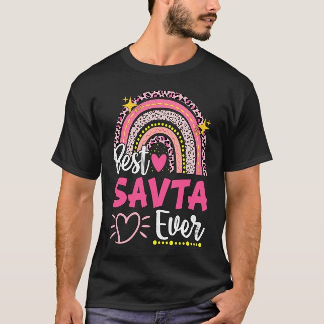 Best Savta Ever Leopard Rainbow New Grandma Mother T-Shirt (Front)