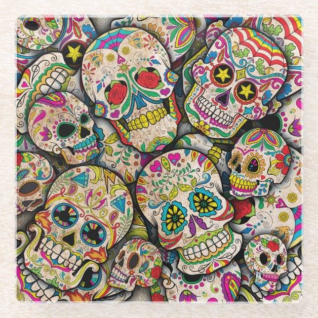 Best Selling Sugar Skull Pattern Glass Coaster (Front)