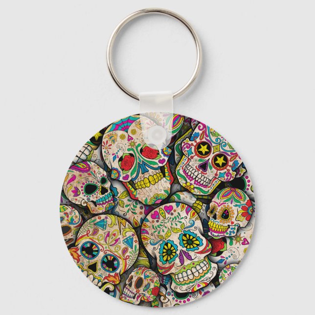 Best Selling Sugar Skull Pattern Key Ring (Front)