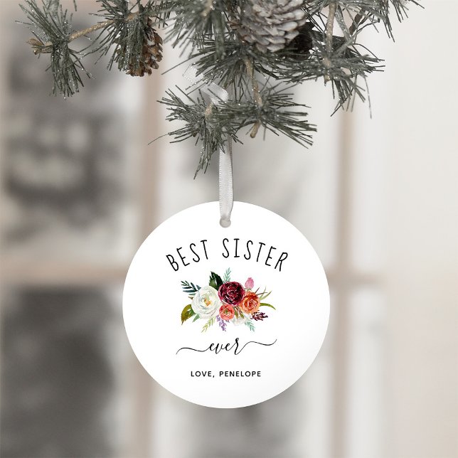 Best Sister Ever | Burgundy Boho Floral Photo Ornament (This simple and sweet holiday ornament is the perfect Christmas keepsake for your sister)