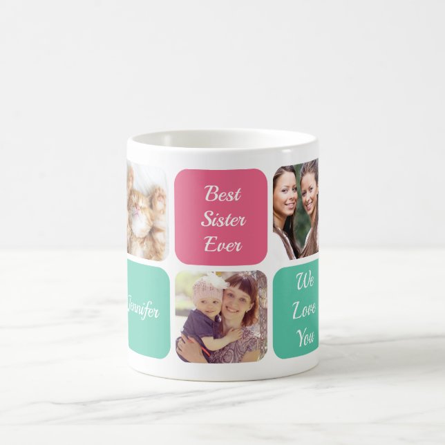 Best Sister Ever Personalized Photos Pink Green Coffee Mug (Center)