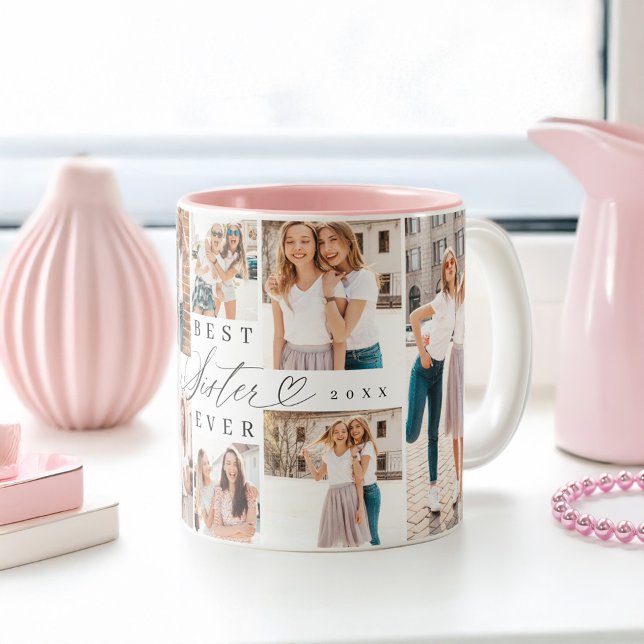 Best Sister Ever Sister Script Heart Photo Collage Two-Tone Coffee Mug (Best Sister Ever Sister Script Heart Photo Collage Two-Tone Coffee Mug)