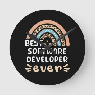 Best Software Developer ever Leopard Rainbow Gift Round Clock