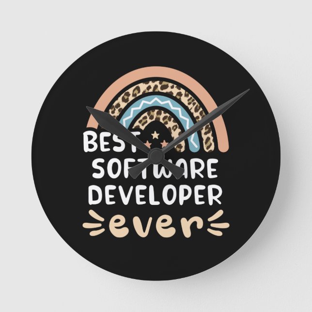 Best Software Developer ever Leopard Rainbow Gift Round Clock (Front)
