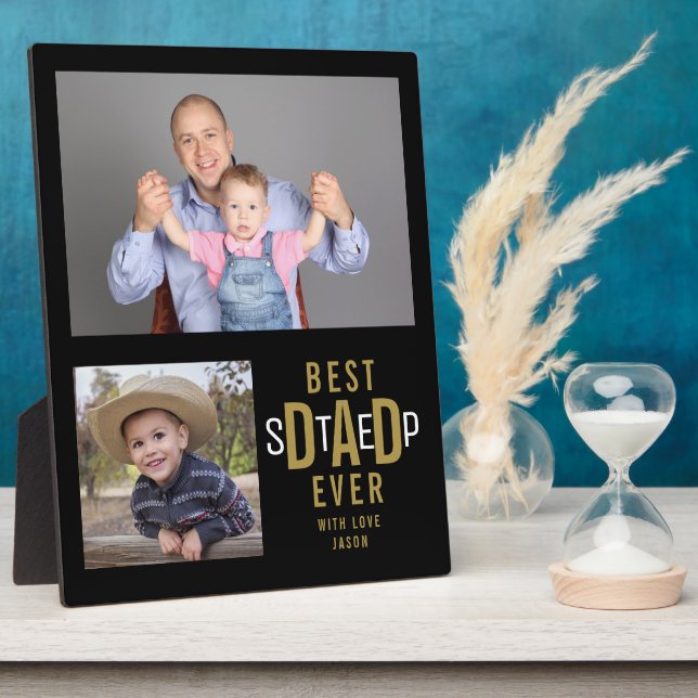Best Step Dad Ever 2 Photo  Collage Black And Gold Plaque (Side)