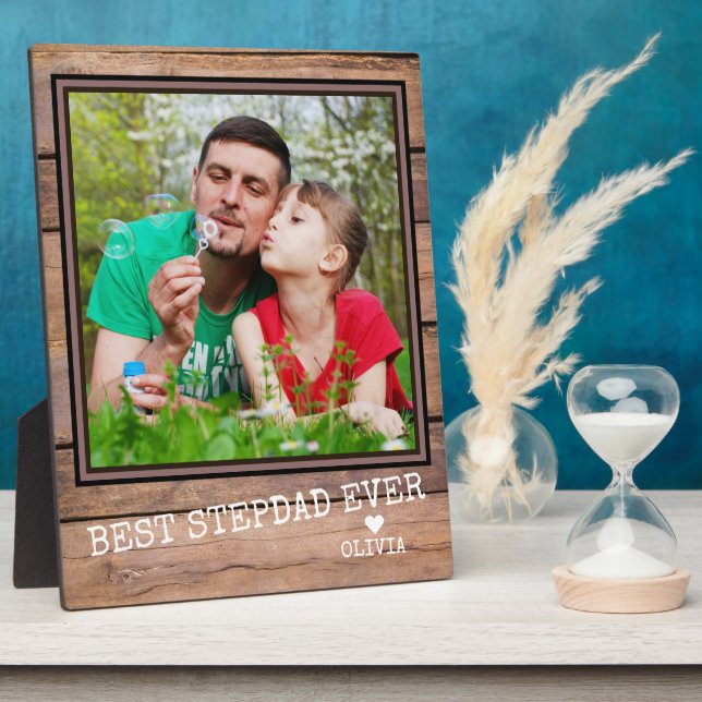Best Stepdad Ever Photo Rustic Wood Personalised Plaque (Side)