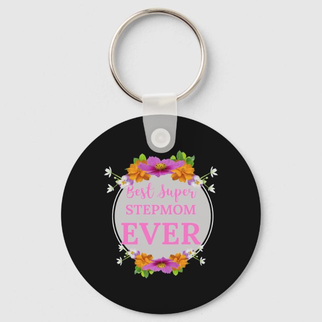 Best Super Stepmom Ever Pink Text with Orange Flow Key Ring (Front)