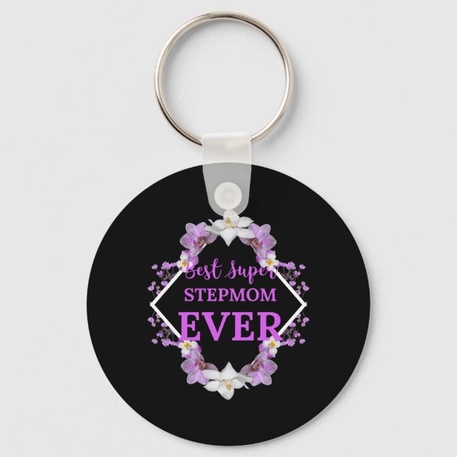 Best Super Stepmom Ever Violet Text with Violet Fl Key Ring (Front)