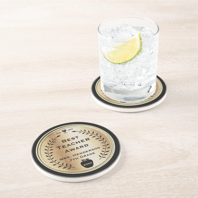 Best Teacher Award Gold with Black Coaster (Side)