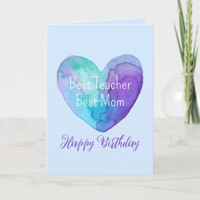 Best Teacher Best Mum Blue Heart Birthday Card (Front)