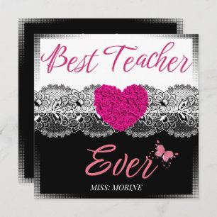 Best Teacher Ever Black & White with Pink Heart  Thank You Card