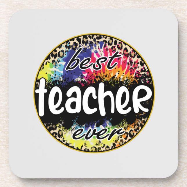 Best Teacher Ever – Colourful Leopard Print Coaster (Front)