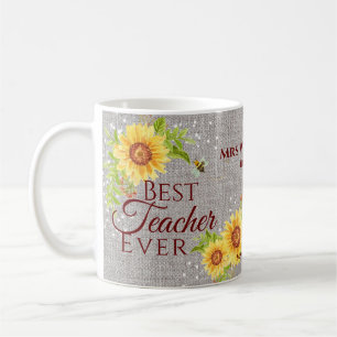 Best Teacher Ever Floral Sunflower Burlap Mug