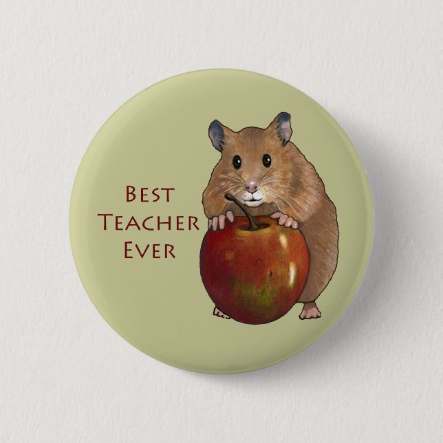 Best Teacher Ever: Hamster With Apple: Art 6 Cm Round Badge (Front)