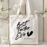 Best Teacher Ever Modern Black Script Custom Name Tote Bag<br><div class="desc">Best Teacher Ever Modern Red Script Custom Name Tote Bags features the text "Best Teacher Evans" in a fun modern black Script typography and personalised with your custom name in modern typography script. Perfect for teacher appreciation for Christmas,  birthdays and the holidays. Designed by © Evco Holidays www.zazzle.com/store/evcoholidays</div>