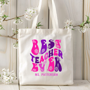 Best Teacher Ever Modern Flower Script Custom Name Tote Bag