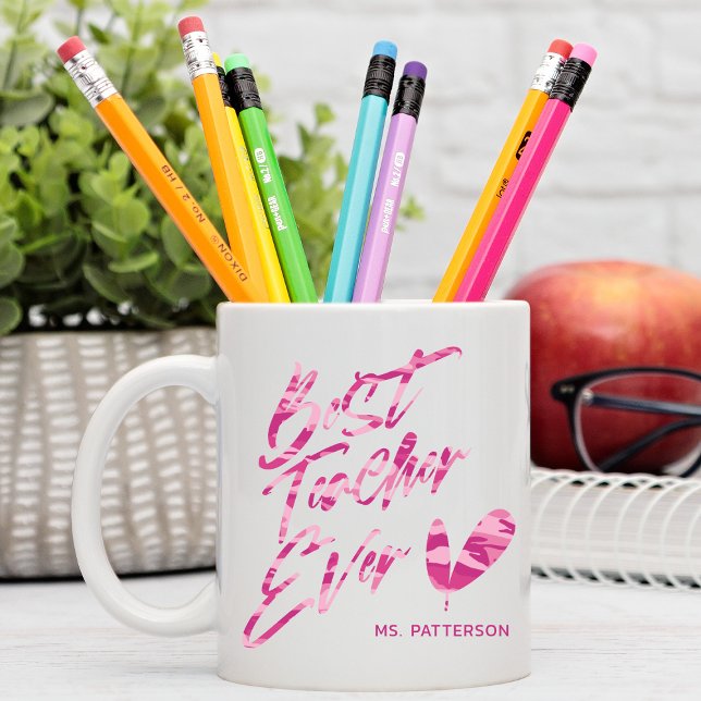 Best Teacher Ever Modern Pink Camo Custom Name Coffee Mug (Creator Uploaded)