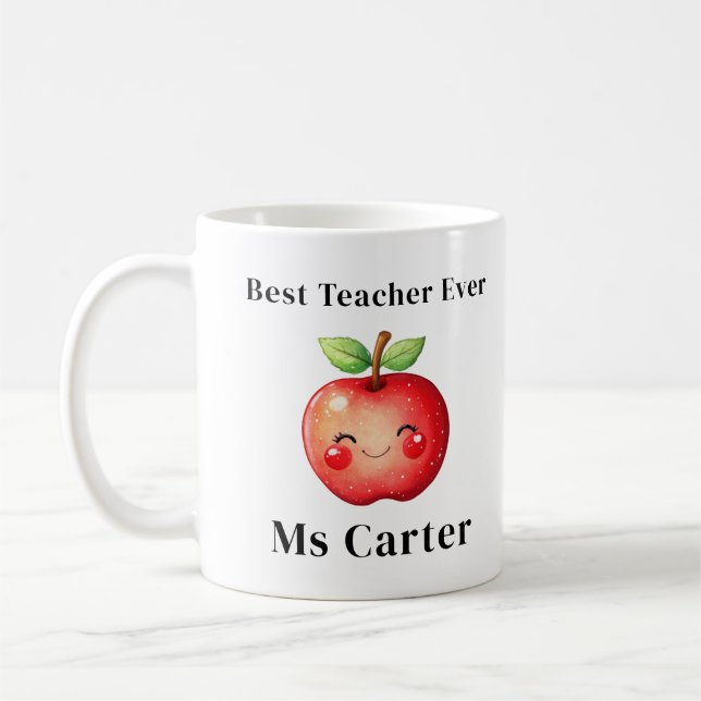 Best Teacher Ever Red Apple Face Personalised Gift Coffee Mug (Left)