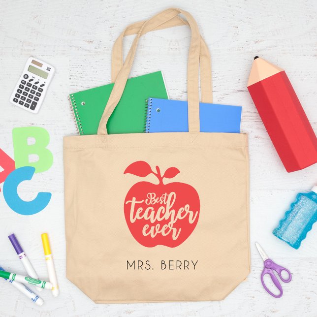 Best Teacher Ever Red Apple Personalised Large Tote Bag (Creator Uploaded)