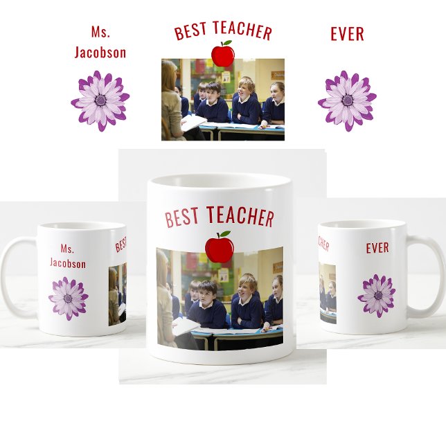 Best Teacher Ever Teacher Appreciation Name Photo Coffee Mug (Best Teacher Ever. Photo of students. Flowers. Modern, cute, elegant teacher appreciation mug)