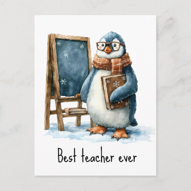 Best Teacher Ever Winter Penguin Design Postcard (Front)