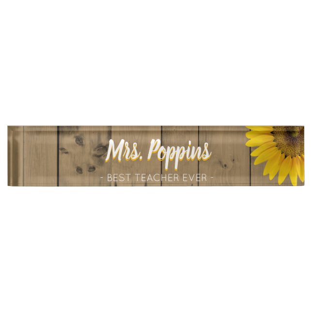 Best Teacher Gift Name Rustic Wood Sunflower Nameplate (Front)
