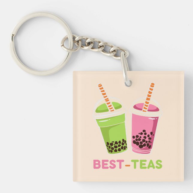 Best teas kawaii boba bubble pearl tea pink green key ring (Front)