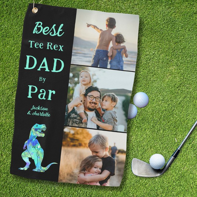 Best Tee Rex Dad by Par 3 Photo Funny  Golf Towel (Best tee Rex dad by par 3 photo collage golf towel Dinosaur golfing joke for fathers)