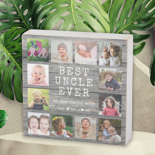 Best Uncle Ever 12 Photo Collage Rustic Grey Wooden Box Sign