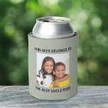 Best Uncle Photo Green Can Cooler<br><div class="desc">Give the best uncle ever a fun gift with this custom sage green beer can cooler. Easily personalise with a favourite family photo of his nieces and nephes. You can personalise "This Beer Belongs to" to his favourite beverage (e.g., drink, soda, etc.) and "Best Uncle Ever" to something similar in...</div>