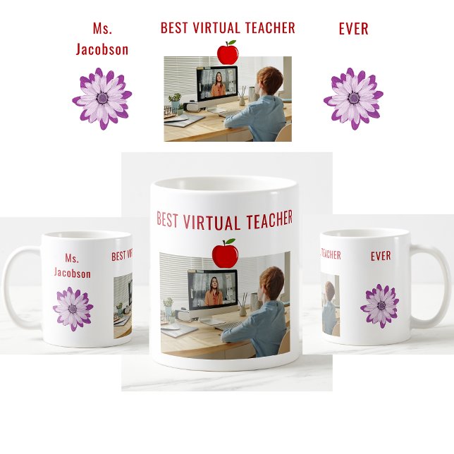 Best Virtual Teacher Ever Appreciation Name Photo Coffee Mug (Best Virtual Teacher Ever. Photo of student. Flowers. Modern, cute, elegant teacher appreciation mug)