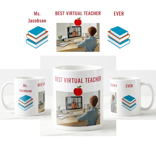 Best Virtual Teacher Ever Custom Name Photo Books Coffee Mug (Best Virtual Teacher Ever. Photo of student. Books. Modern, cute, elegant teacher appreciation mug)