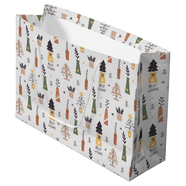 Best wishes Christmas pattern cute pine tree grey Large Gift Bag (Front Angled)