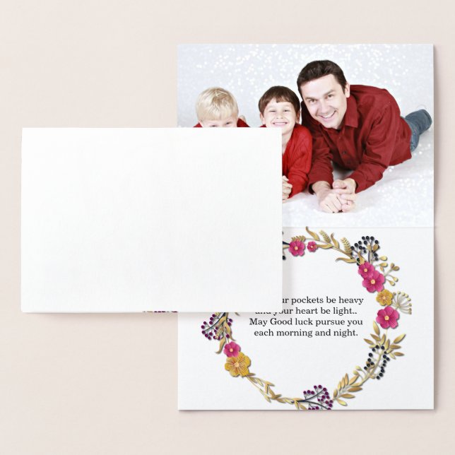 Best Wishes Gold Foil scripted text family photo Foil Card (Display)