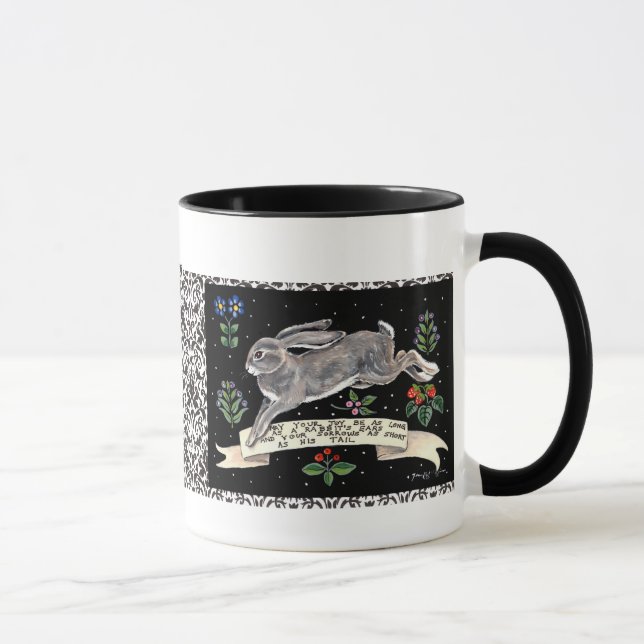 Best-Wishes Rabbit Mug, Running Hare with Flowers Mug (Right)