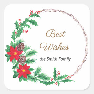 Best Wishes Red Flower Wreath Square Sticker