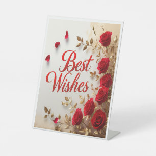 "Best Wishes" With Red Roses & Gold Leaves Pedestal Sign