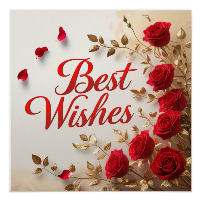 "Best Wishes" With Red Roses & Gold Leaves Poster (Front)