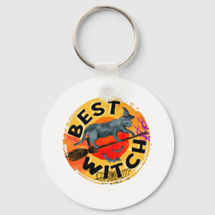 Best Witch – Halloween Black Cat on Broom Key Ring