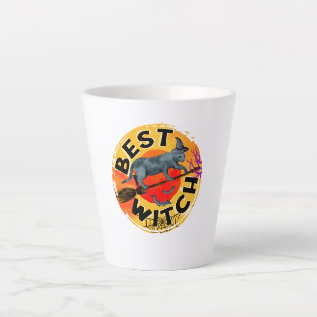 Best Witch – Halloween Black Cat on Broom Latte Mug (Front)