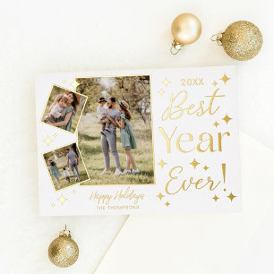 Best Year Ever! 3 Family Photo Scrapbook Collage Foil Holiday Card