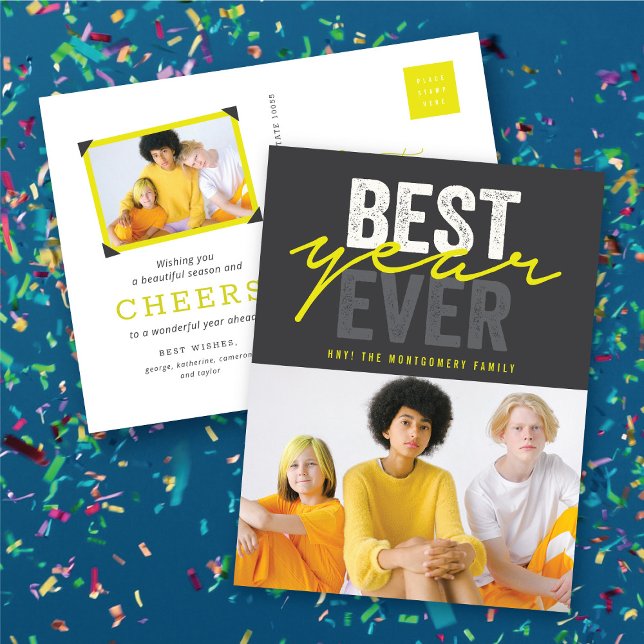 Best Year Ever Handwriting Script Modern Photo Holiday Postcard (Neon Yellow Best Year Ever Handwriting Script Modern Photo Holiday Postcard @ fat_fa_tin)