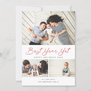 Best Year Yet Modern Red Script 3 Collage Photo Holiday Card